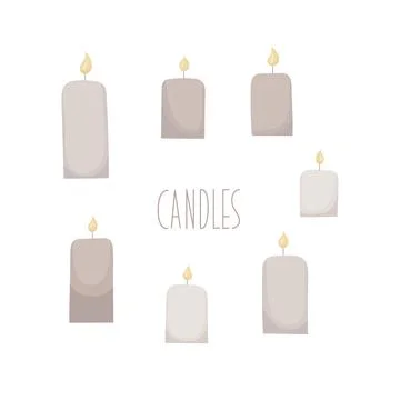 Burning candles set. Simple vector candlesticks for aroma spa, hygge, religion Stock Illustration