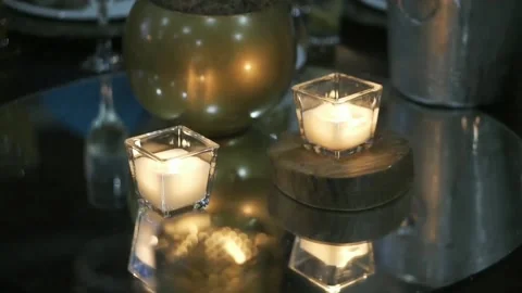 Burning candles on table indoors Stock Footage 158836770