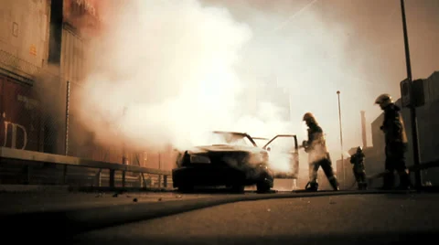Burning car background. firefighter. fireman. car on fire Stock Footage 37269130