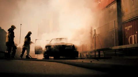 Burning car background. fireman firefighter. demolition. emergency disaster Stock Footage 37269041