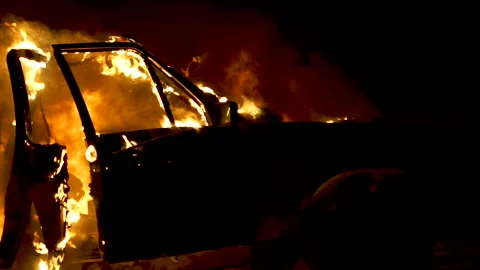 Burning Car Sedan, Side View Stock Footage
