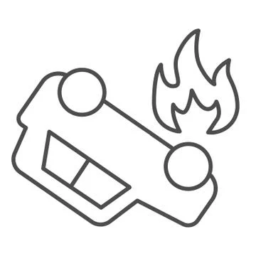 Burning car thin line icon. Overturned automobile with fire in fuel tank symbol Stock Illustration