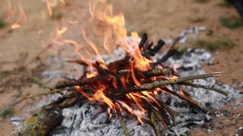 Burning caster of dry branches on a sandy wasteland. Stock Footage 121102740