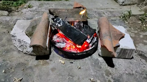 Burning charcoal in a barbecue Stock Footage 243050983