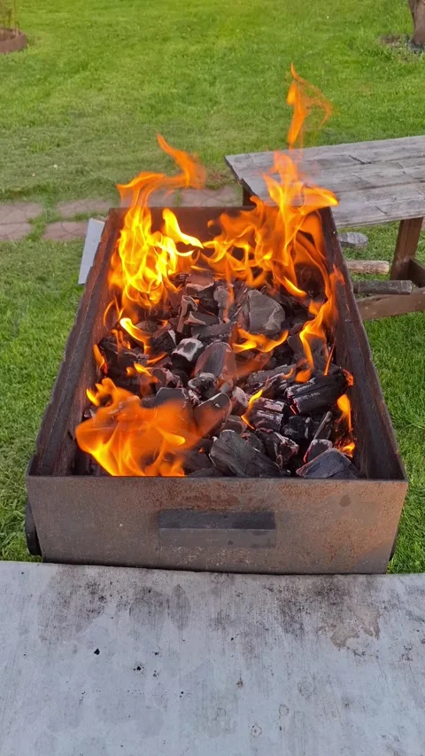 Burning charcoal with bright orange flame in metal BBQ grill outdoor on gree Stock Footage 335638888