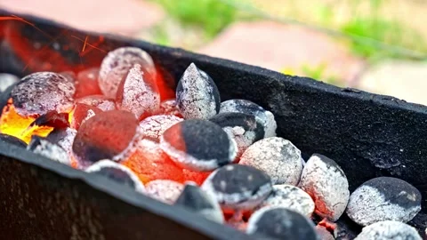 Burning Charcoal With Flame and Sparks Close Up Stock Footage 346197283