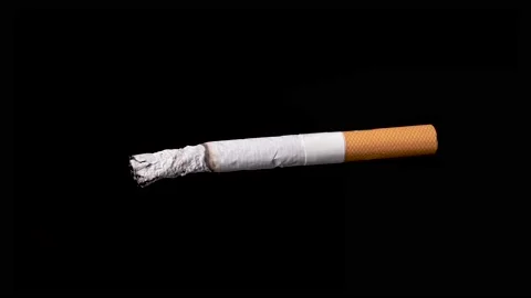 Burning cigarette on black backdrop, time-lapse, professional studio shot. Video stock 147075205