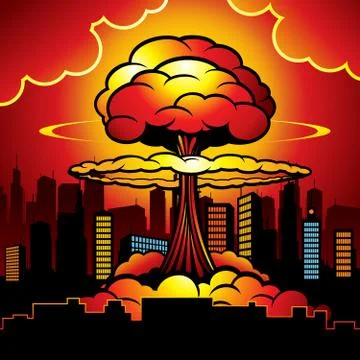 Burning city with nuclear explosion of atomic bomb. Cartoon vector illustration Stock Illustration