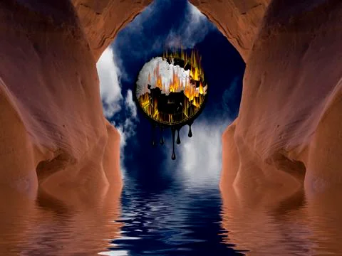 Burning clock in cave hangs suspended Stock Illustration