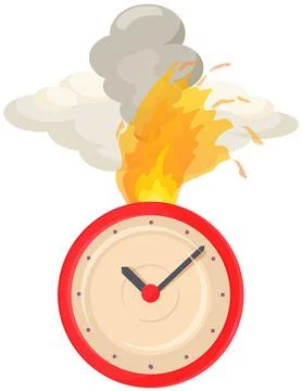 Burning clock shows remaining time, deadline at work. Watch with arrows on fire Illustrazione stock