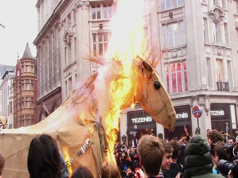 Burning cloth horse at protest Stock Footage 73461834