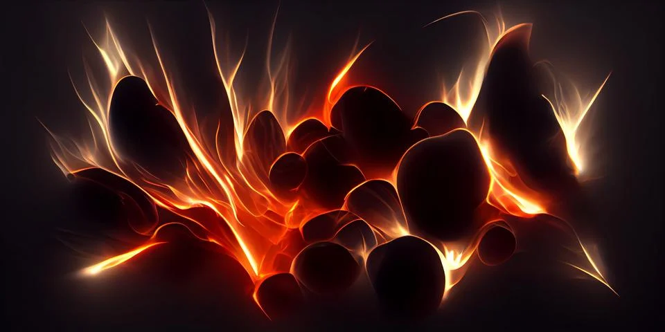Burning coal in the fire black background illustration. Illustrazione stock