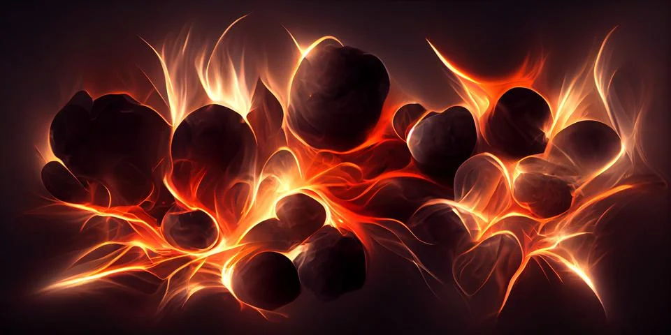 Burning coal in the fire black background illustration. Stock Illustration