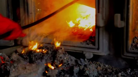 Burning coal fire red hot coals close-up in 4k HD 스톡 동영상 334651698