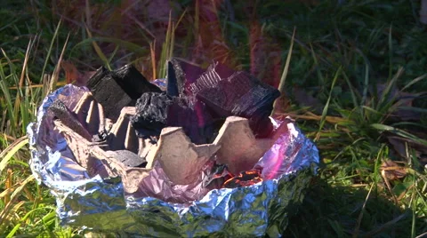 Burning coals fire in handmade brazier bbq grille Stock-Footage 63209533