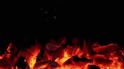 Burning coals in the fireplace. Close-up of smoldering firewood. Stock Footage 280372829