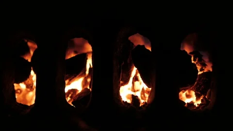 Burning Coals of Fireplace. View Through Shutter. Stock Footage 97278094