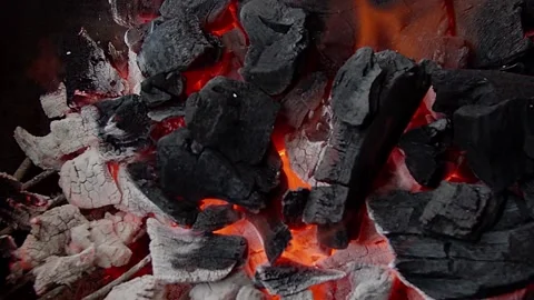 Burning coals in the grill. Summer BBQ. Close up Stock Footage 155774791