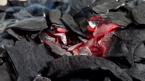 Burning coconut shell charcoal produces high heat which is ideal for cooking Stock Footage 336761964