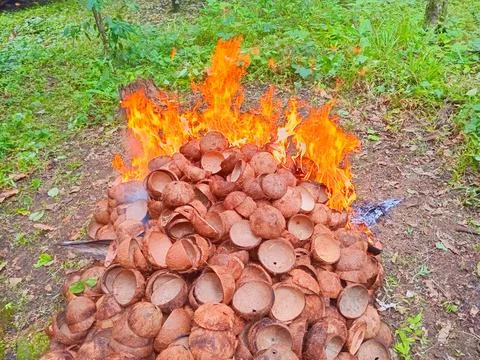 Burning coconut shells Stock Photos