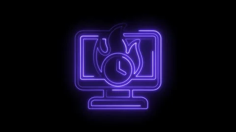 Burning computer screen with clock icon neon glow effect digital technology Stock Footage 333966377