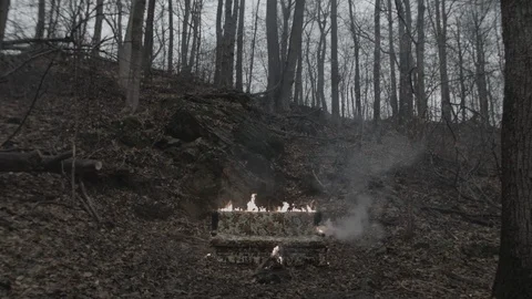 Burning Couch / Sofa on Fire in the Woods Stock Footage 86220327