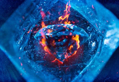 Burning diamond inside blue cold ice cube. Stock Photos