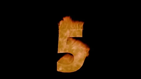 Burning digit five 5 : charred, grainy crust with cracks and tongues of flame. Stockbeeldmateriaal 336728645