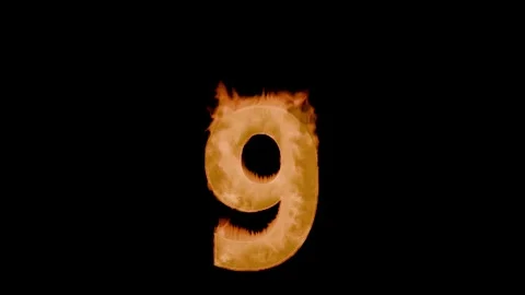 Burning digit nine 9 : charred, grainy crust with cracks and tongues of flame Stockbeeldmateriaal 336951748