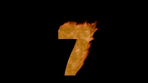 Burning digit seven 7 : charred, grainy crust with cracks and tongues of flame. Stockbeeldmateriaal 336951728