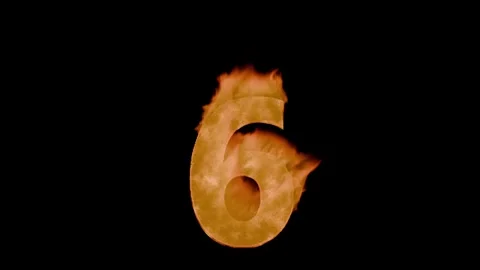 Burning digit six 6 : charred, grainy crust with cracks and tongues of flame. Stockbeeldmateriaal 336728637