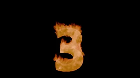 Burning digit three 3 : charred, grainy crust with cracks and tongues of flame. Stockbeeldmateriaal 336680768