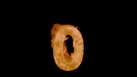 Burning digit zero (0): charred, grainy crust with cracks and tongues of flame. Stock Footage 336537586