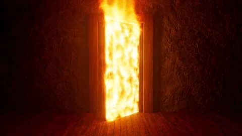 Burning door opening to hell in a dark room Stock Footage 310789867