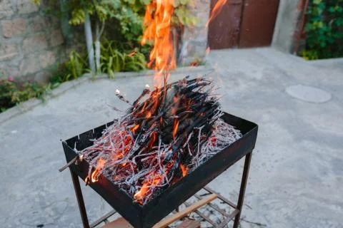 Burning dry branches in the brazier. Stock-Fotos