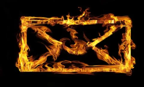 Burning envelope post sign from fire on black Stock Illustration
