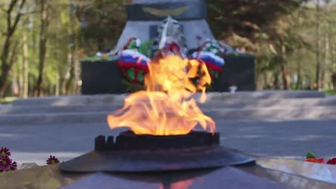 Burning eternal flame fire Russian memorial monument, in honor victory day 9 may Stock Footage 173419228