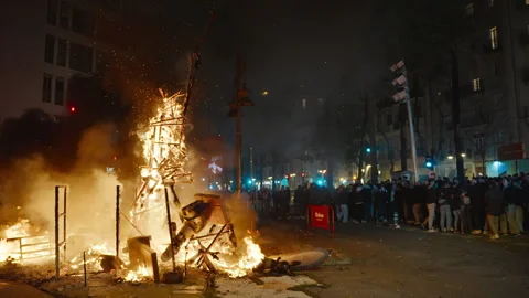 Burning falla sending spark shower into air during Las Fallas Valencia Stock-Footage 336722963
