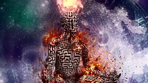 Burning figure of man with maze pattern in lotus pose Stock Footage 128638473