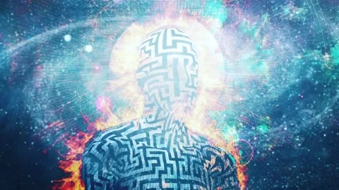 Burning figure of man with maze pattern in lotus pose Vídeos de archivo 202333311