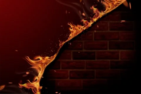 Burning fire and red brick wall Stock Illustration