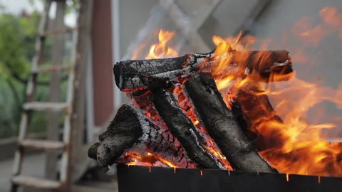Burning fire for barbecue, bonfire Stock Footage 131721180
