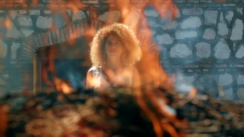 Burning fire beautiful gypsy bride slow motion wedding dress ceremony Stock Footage 81377507