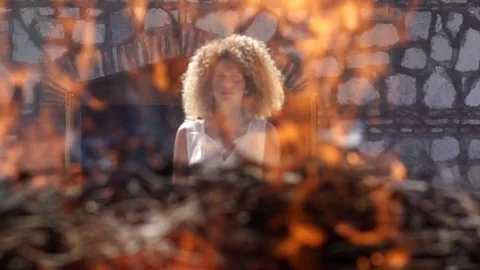 Burning fire beautiful gypsy bride slow motion wedding dress ceremony Stock Footage 81377539