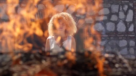 Burning fire beautiful gypsy bride slow motion wedding dress ceremony Stock Footage 81377552