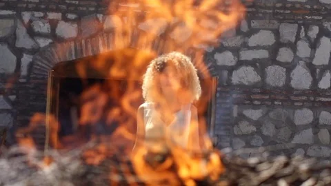 Burning fire beautiful gypsy bride slow motion wedding dress ceremony Stock Footage 81377596