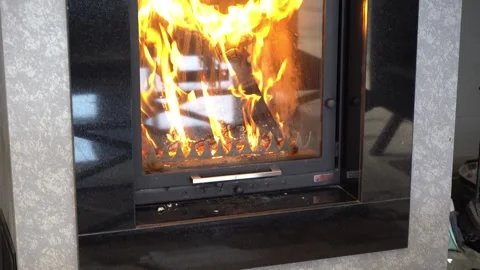 Burning Fire In The Brick Fireplace. Marble modern Fireplace. Video stock 298316546