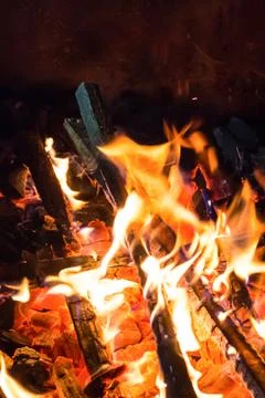 Burning fire bright flame thin firewood on a background of red-hot coals the Foto stock