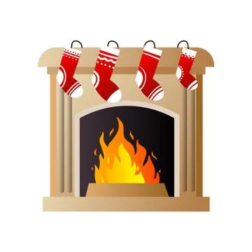 Burning fire in brown stone fireplace with Christmas red socks Illustrazione stock