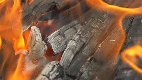 Burning fire, the charred firewood. Stock Footage 136720989